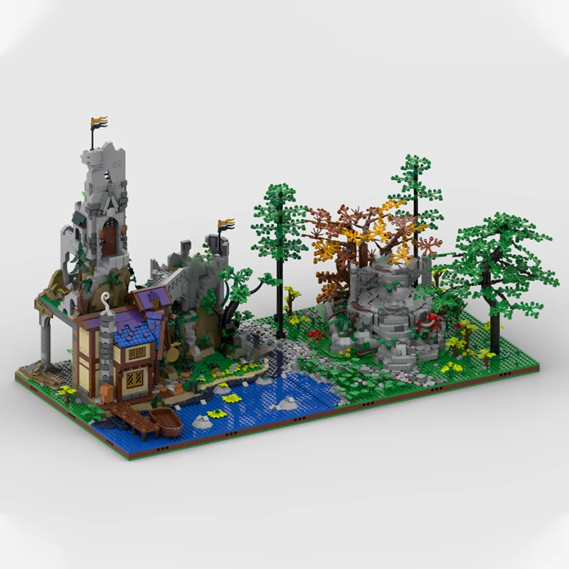 Mittelalter liche Burg Modell Moc Gebäude Ziegel Wald Flussufer Burg modulare Technologie Geschenke Urlaub montieren Kinder Spielzeug Anzug