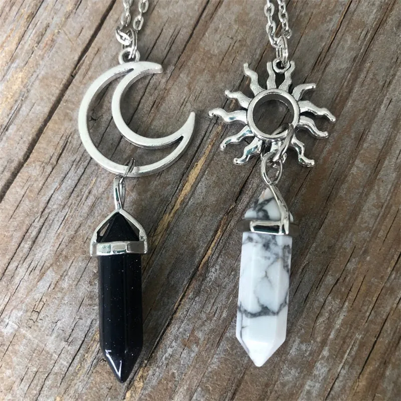 2pcs Vintage Sun Moon Natural Stone Hexagon Column Crystal Couple Jewelry Necklace Women Charm Accessories Pendant Gift