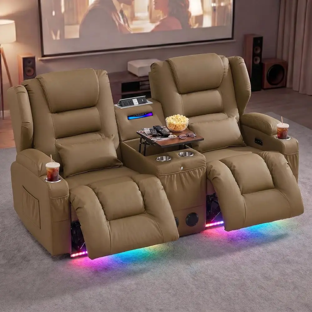 

Reclining Loveseat with Illuminated Table, USB, Outlet, Cup Holder, LED Lights, Home Theater Seating (Khaki, 74.8)