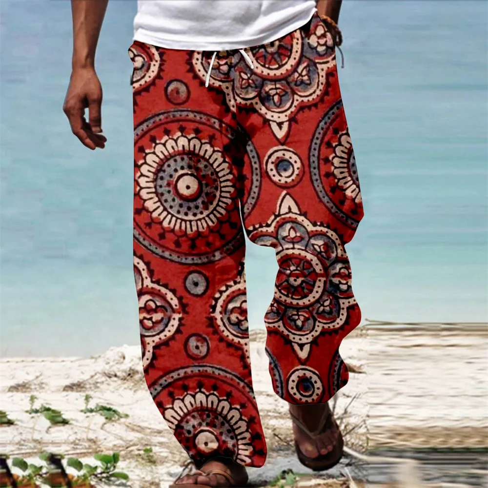 

Men African Dashiki Traditional Style Casual Trouser Summer Hawaii Holiday Ankara Beach Drawstring Wide Leg Straight Pants