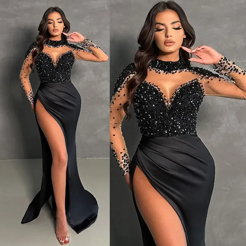 Black Pearl Sequin Evening Gown High Neck Long Sleeved High Slit Ball Gown Lace Vest Formal Occasion Gown Customization