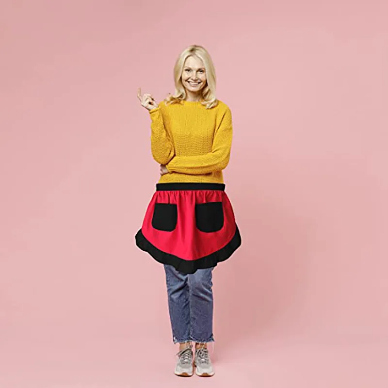 Cute women's half body apron lace short work clothes bow contrasting color black fungus edge waist circumference 1