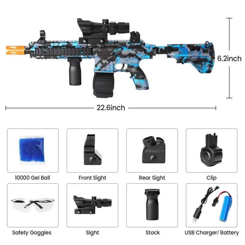 Manual e elétrico Gel Ball Splatter Gun, Toy Gun com 10000 contas de água, óculos para jogo ao ar livre, 2 em 1, M416