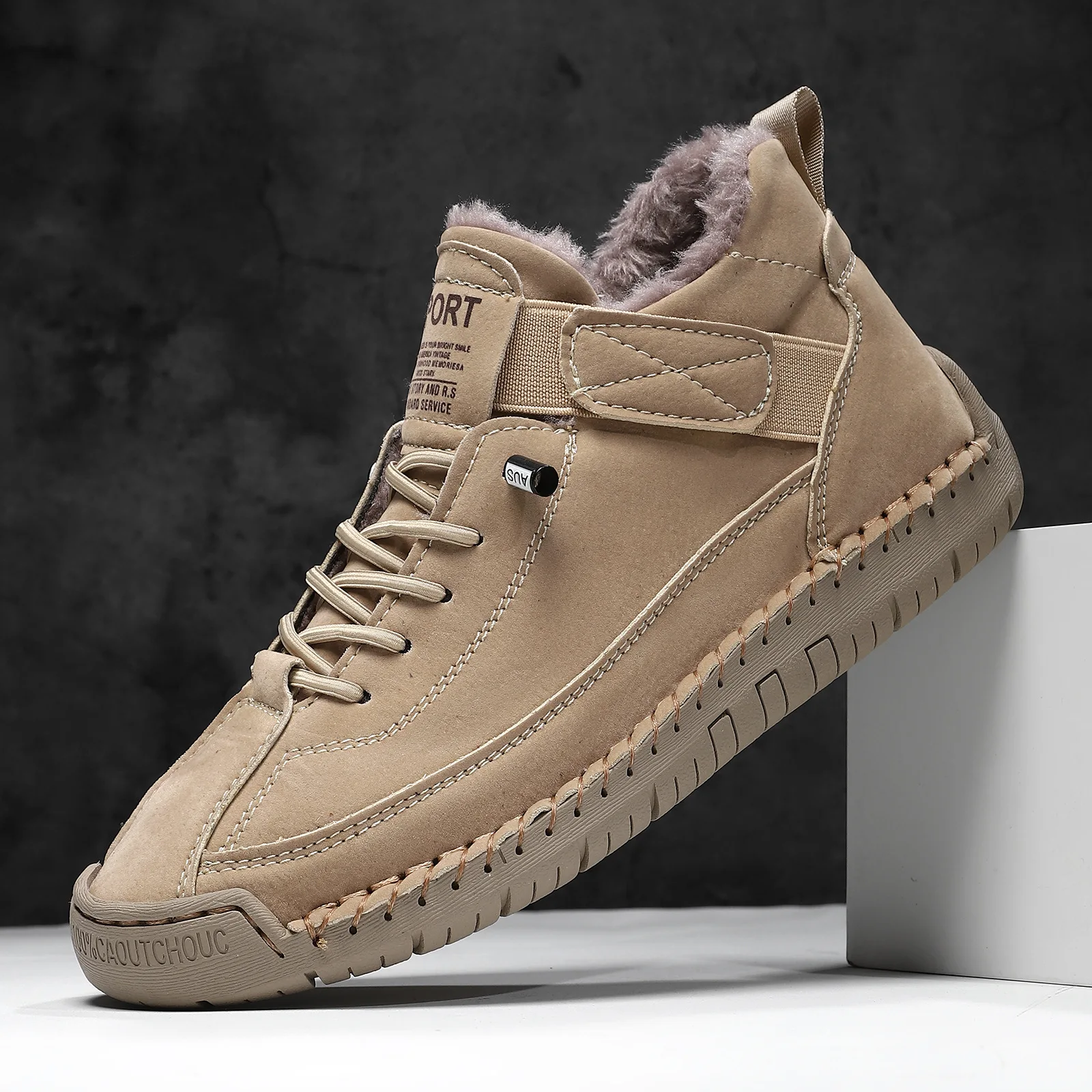Hand-stitched Leather Men Boots Casual Warm Soft-soled Women Flats Fashion Moccasins Winter High-top Driving Loafers Plus Size