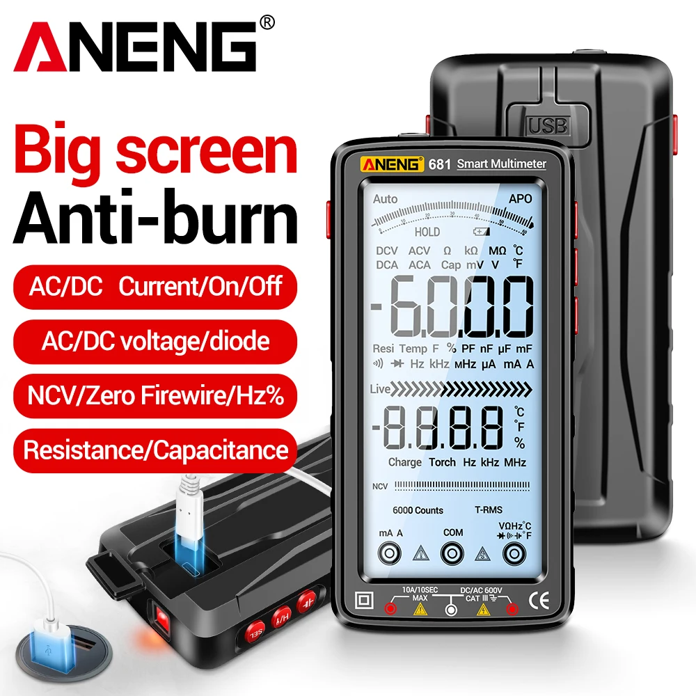 

Профессиональный интеллектуальный мультиметр переменного/постоянного тока, перезаряжаемый бесконтактный цифровой мультиметр, тестер тока с ЖК-экраном