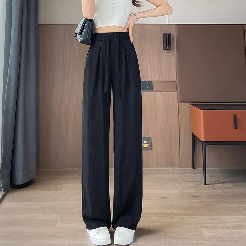 IJszijde broek met wijde pijpen voor dames zomer 2022, nieuwe luie Amerikaanse casual vloerbroek met hoge taille en trekkoordtextuur