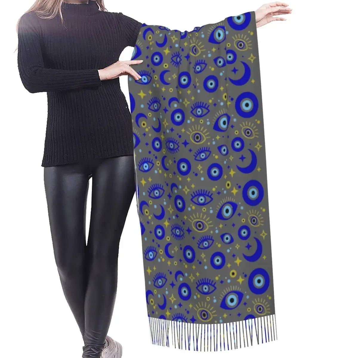 Ladies Long Turkey Evil Eye Symbol Pattern Scarves Women Winter Fall Soft Warm Tassel Shawl Wraps Fashion Versatile Female Scarf