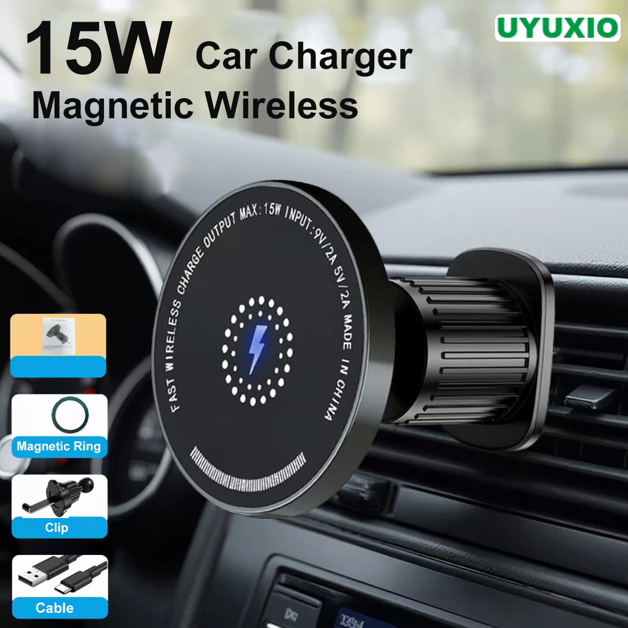 

UYUXIO Автомобильное зарядное устройство 15 Вт Быстрая зарядка Магнитное беспроводное автомобильное зарядное устройство для iPhone 17 16 15 13 12 Pro Max Магнитный держатель для телефона
