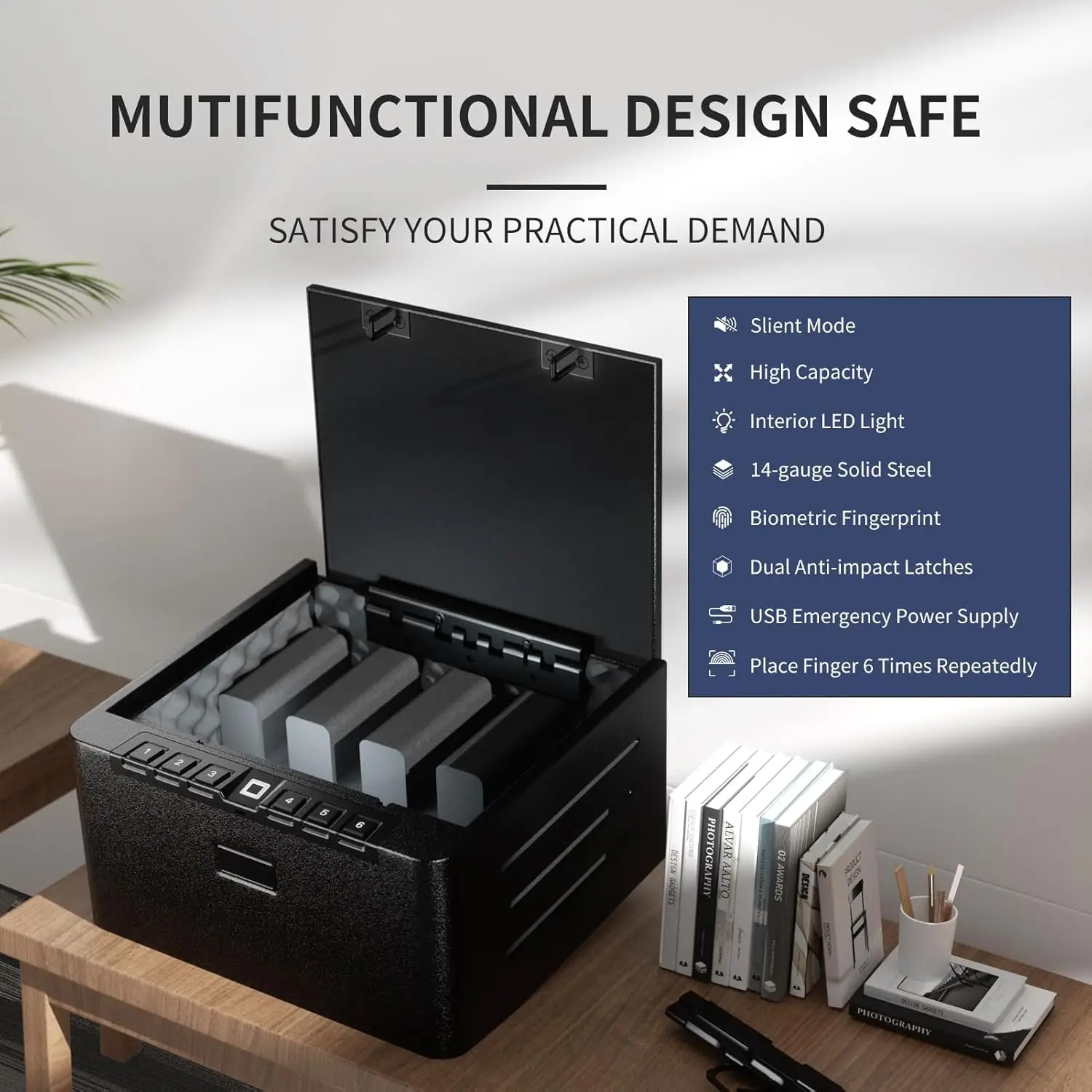 Gun Safe, Biometric Quick Access Gun Safe for Handgun, 4 Pistols High Capacity Handgun Safe with Digital Keypad, Biometric Finge