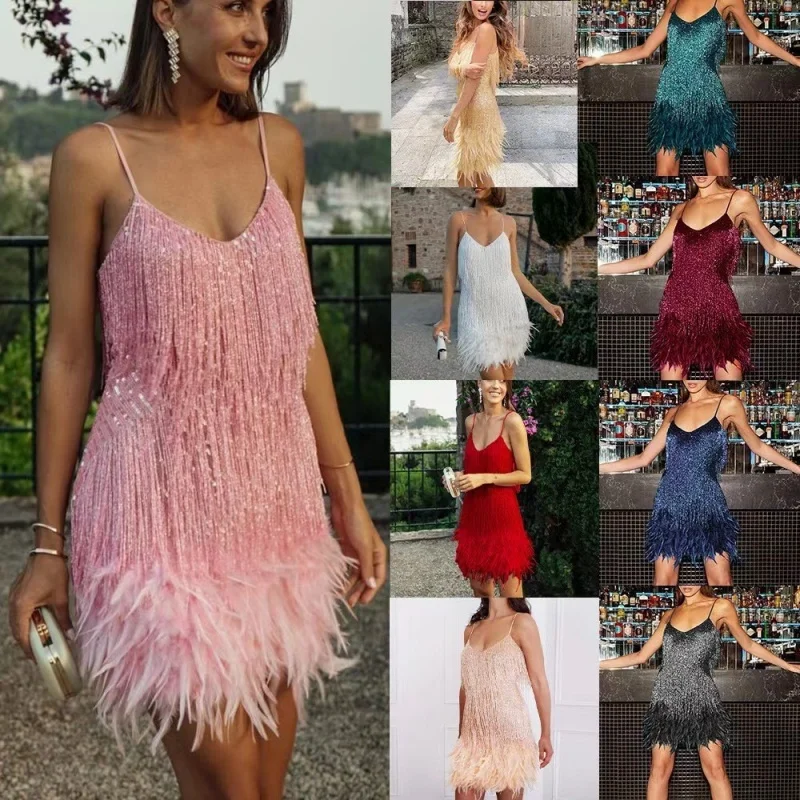 Sequin Fringe Mini Dress With Feather Trim Sparkling Party Dress V Neck Sleeveless For Women Club Night