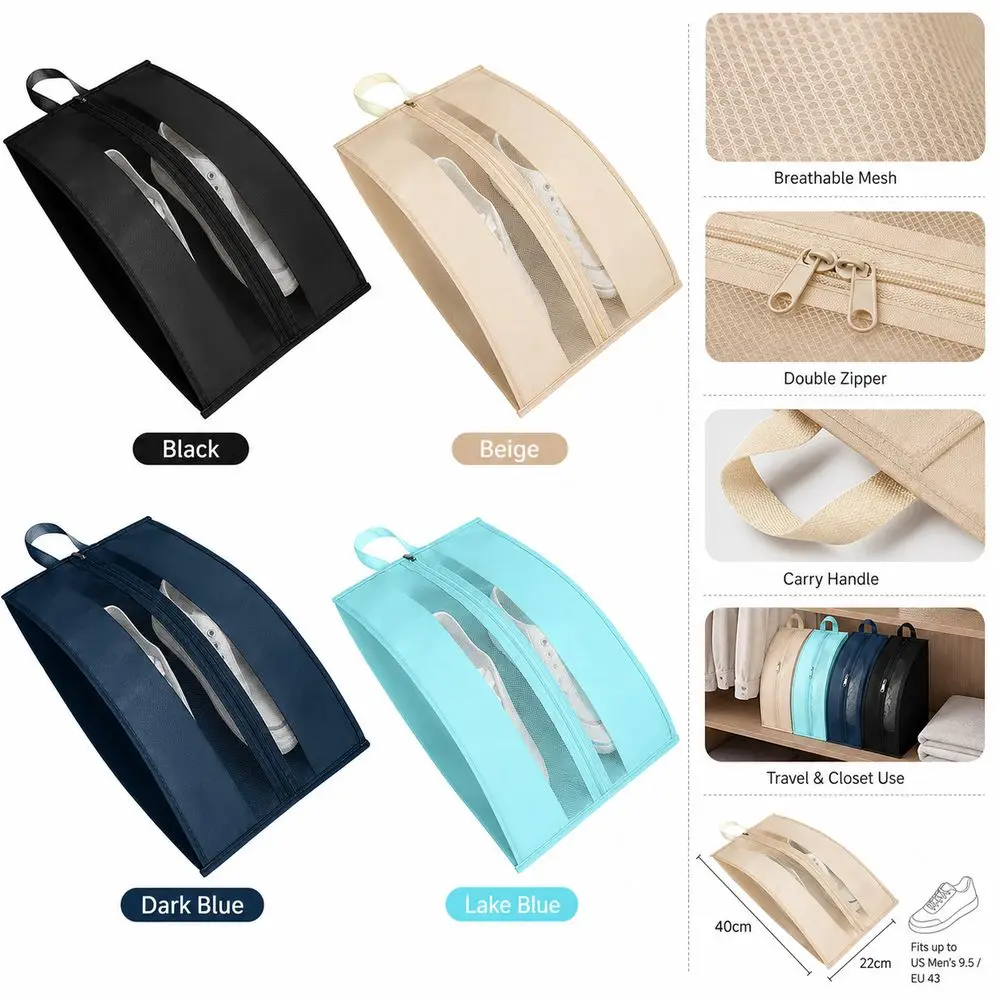 Portable Travel Shoes Bag Carry Handle Dustproof Shoe Storage Pouch Moistureproof Breathable Mesh Shoes Organizer Travel Packing