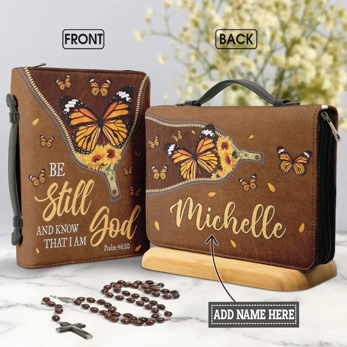 

Classic Leather Bible Bag Be Still And Know That I Am God Butterfly Print Carrying Bible Cover Case Customized Holy Storage Box