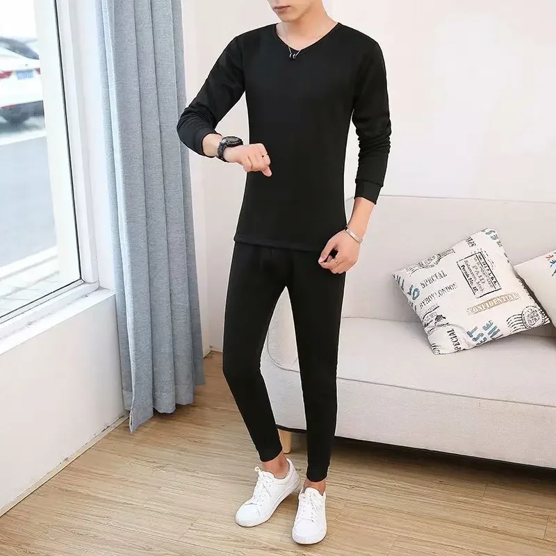 CasualWarmbras Men's Youth Fleece-Lined Thickened Winter Round Neck Base Layer Top Autumn Coat Autumn Trousers Suit For Men