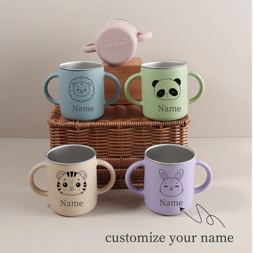 Personalized Customization Name Pattern Silicone Straw Cup Stainless Steel Babies/Toddlers Baby Cups Custom Water Bottle Handle