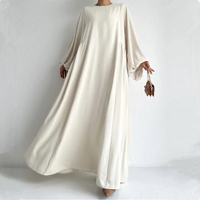 Vestido Kaftan de manga comprida muçulmano para mulheres, vestido maxi, Islam Abayas, monocromático, elegante, gola redonda, manga, Abaya, Ramadã, 601