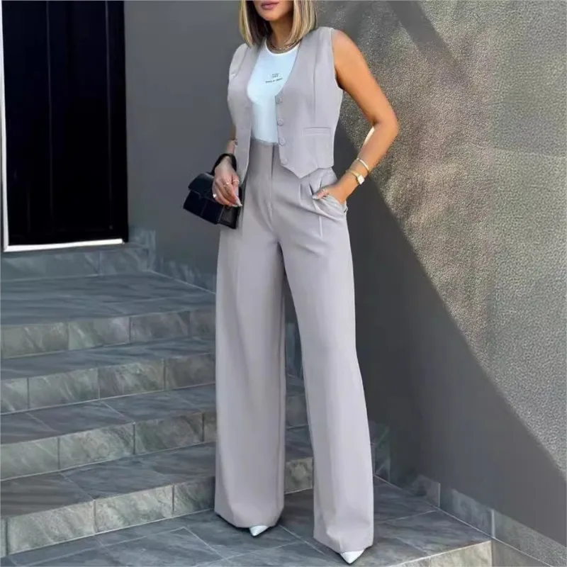

Stylish Women Commuting Vest Tops High Waist Wide Leg Pants 2024 Spring Autumn V Neck Sleeveless Button Regular Work Pants Set