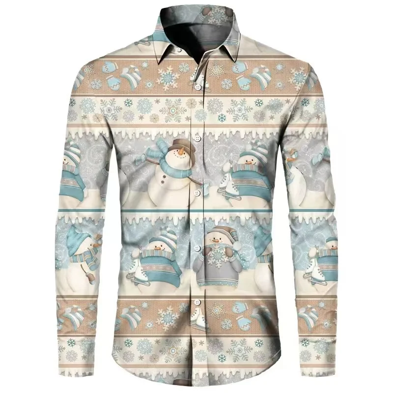 Camisa de manga larga con estampado navideño de Papá Noel en 3D para hombre, camisa informal de moda para hombre, camiseta de muñeco de nieve