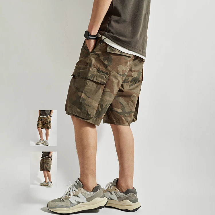 Летние новые тонкие камуфляжные шорты-карго в японском ретро стиле мужская мода 100% хлопковые потертые Свободные повседневные пятиконечные брюки с Кулиской