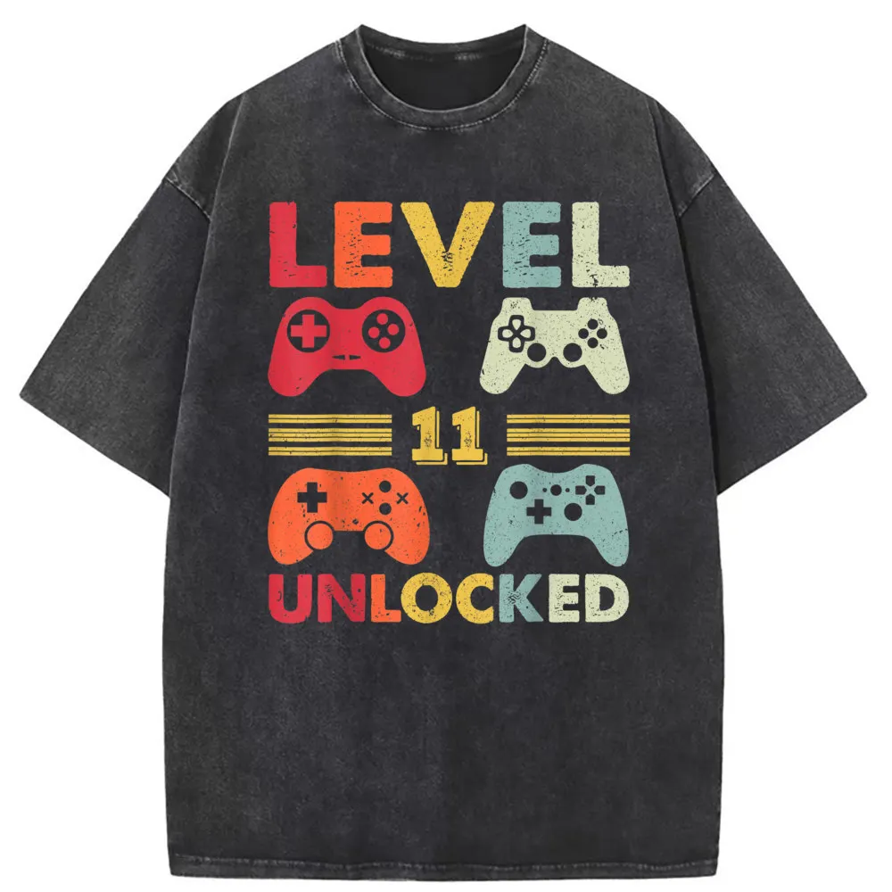 Level 11 Unlocked Men Women Gaming T-shirts Vintage Retro Style Long Sleeve Tee Shirt Man Washed Summer/Autumn Sweatshirts