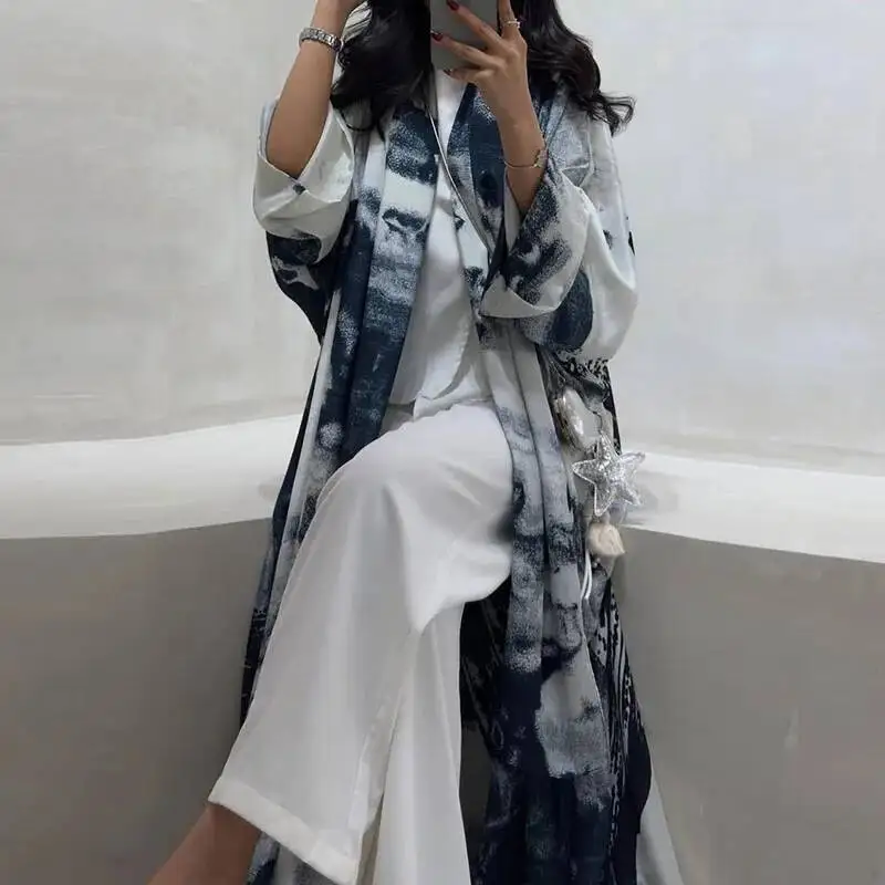 Damesmode Moslimjassen met V-hals en mouwen Herfst Casual vakantie Lange jassen Elegant patroon Print Losse swingvesten