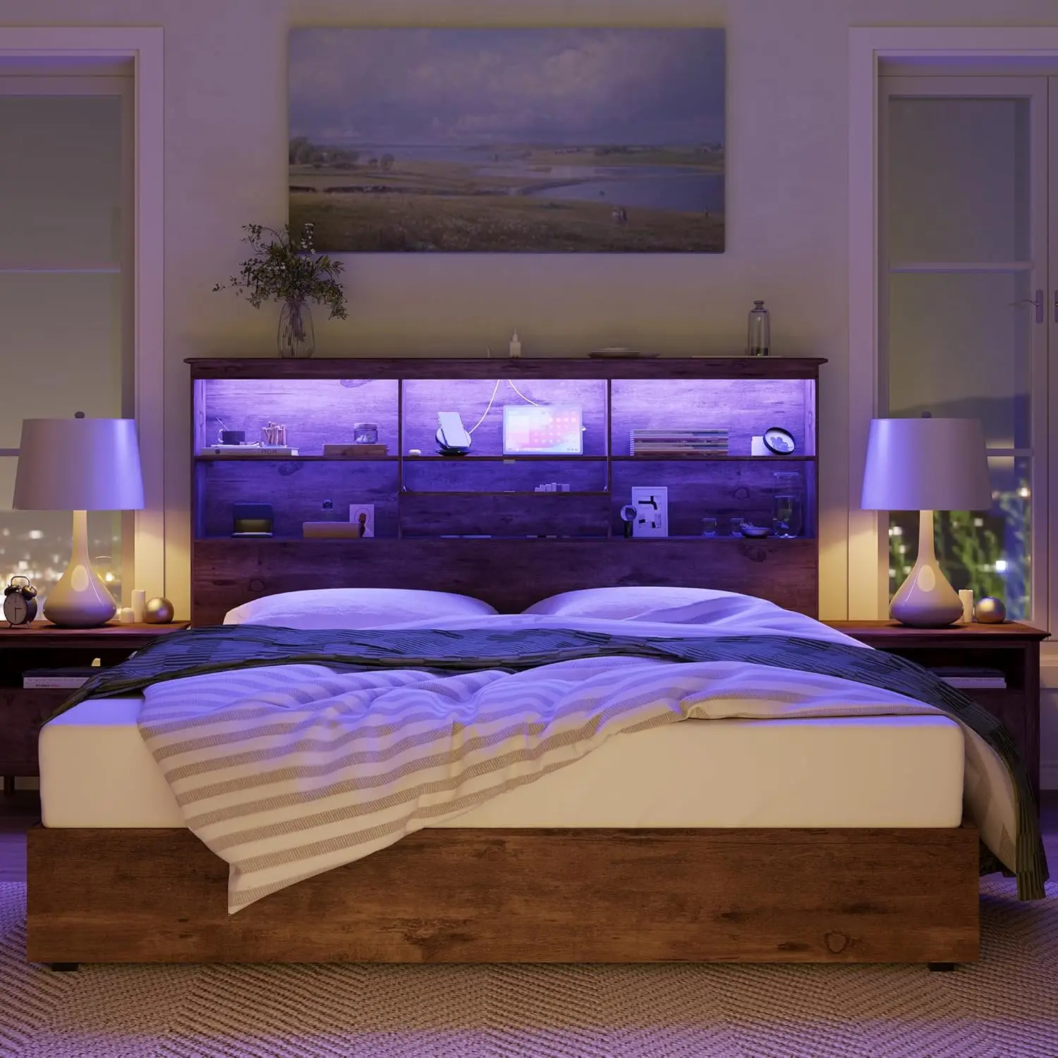 Extra Groot Bedframe Met 51.2-Inch Opbergruimte Led Boekenplank Hoofdeinde, 4 Opbergladen/Geruisloos/Donkerbruin