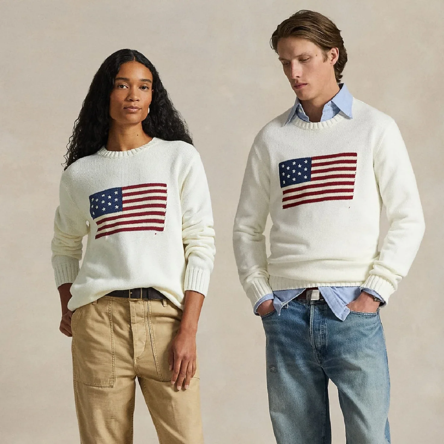 Classic American Flag White Navy Blue Knitwear Long Sleeves Round Neck Sweater For Woman Pullover Lady Knitted Clothes