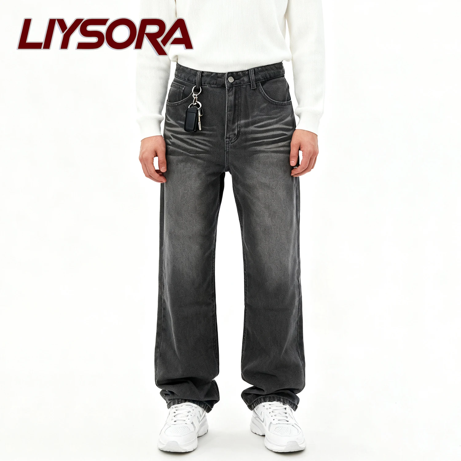 

Four seasons Men's Black Retro Baggy Straight Leg Jeans Street Business Casual Revival Male Denim Pants Men's Clothes Jeans