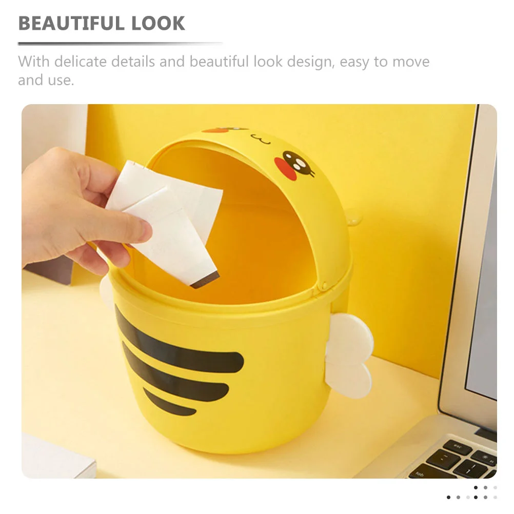 1Pc Mini Trash Can With Lid Flip Waste Bins Desktop Garbage Storage Can Household Merchandises Cartoon Bee Container - Image 2