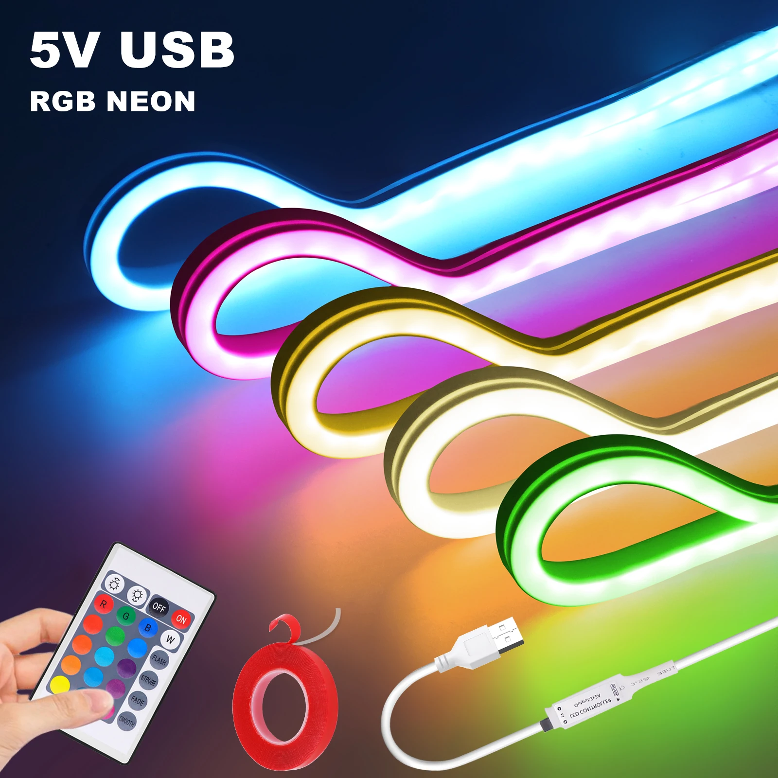 5V USB RGB LED Neonstreifen 1M 2M 3M 5M Flexibler LED-Streifen mit Fernbedienung Wasserdichtes Neon-Silikonband Selbstklebendes Klebeband