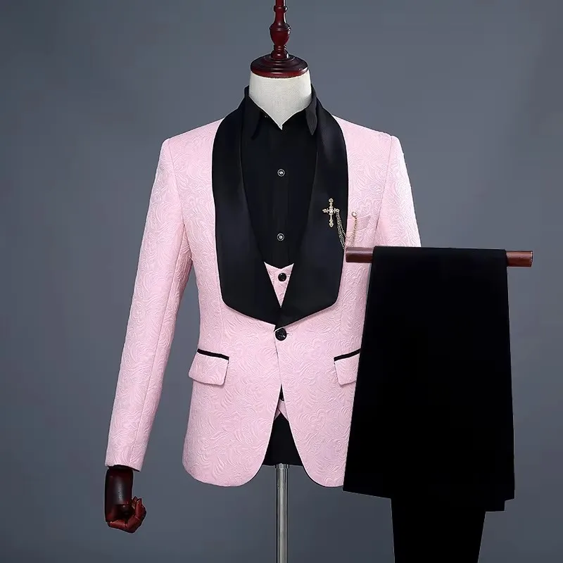 

Men Slim Fshion Three Piece Floral Jacquard Suit for Wedding Tuxedo Pink and White Slim Fit Groom Photo Shoot Party Banquet Set