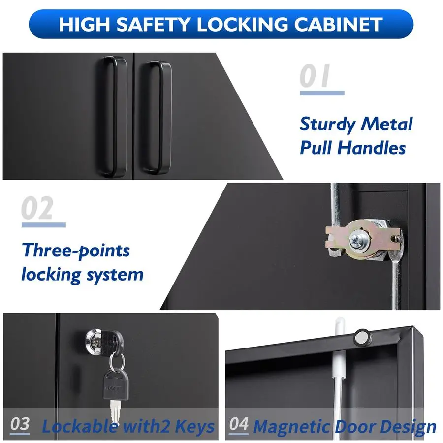 Storage Cabinet, 2 Doors Garage Cabinets, Steel Utility Tool Caninet, Short Locking Caninets with Adjustable Shelves, Black Lock