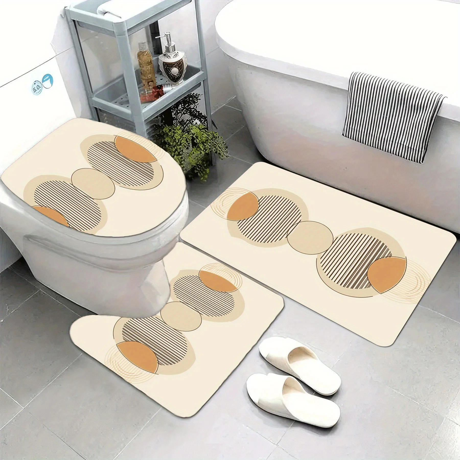 3pc Geometric circular pattern bathroom set, U-shaped mat, non-slip mat, toilet seat cover, suitable for bathroom decoration.