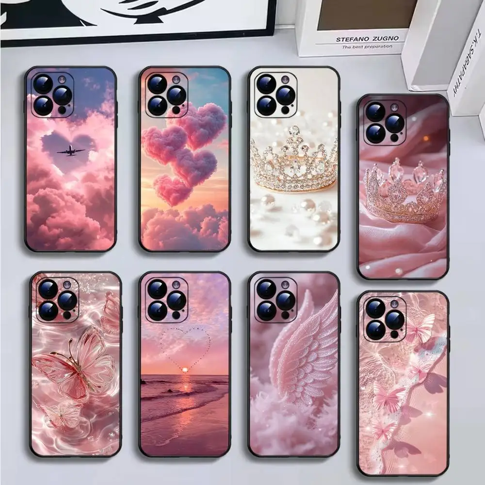 

Rose Gold Pink Princess Queen Phone Case For iPhone16,15,14,13,12,11 Plus,Pro Max,XS,X,XR,SE,Mini,8,7,Soft Black Cover