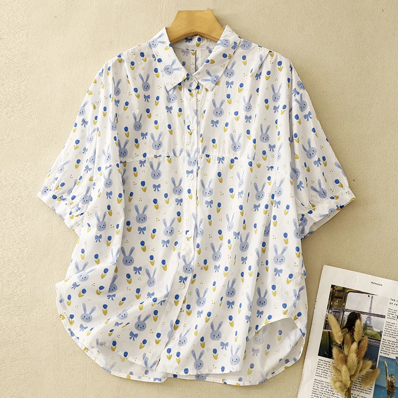 Sweet Yellow Women's Summer Blouses Puff Sleeve Turn-down Collar Single-breasted Female Linen Shirts Loose Casual Lady Top Shirt