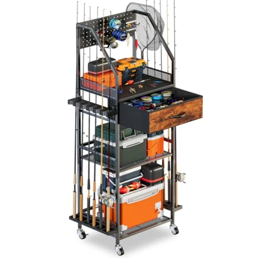 

Fishing Rod Holder Organizer with Fabric Drawer and Pegboard, Space-Saving Garage Storage for 12 Rods, Reels, Tackle Boxes, Por