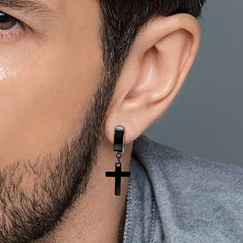 WKOUD 1-15 Pieces Clip On Earrings Set For Men Stainless Steel Black Fake Piercing Mens Hoop Non-piercing Earrings