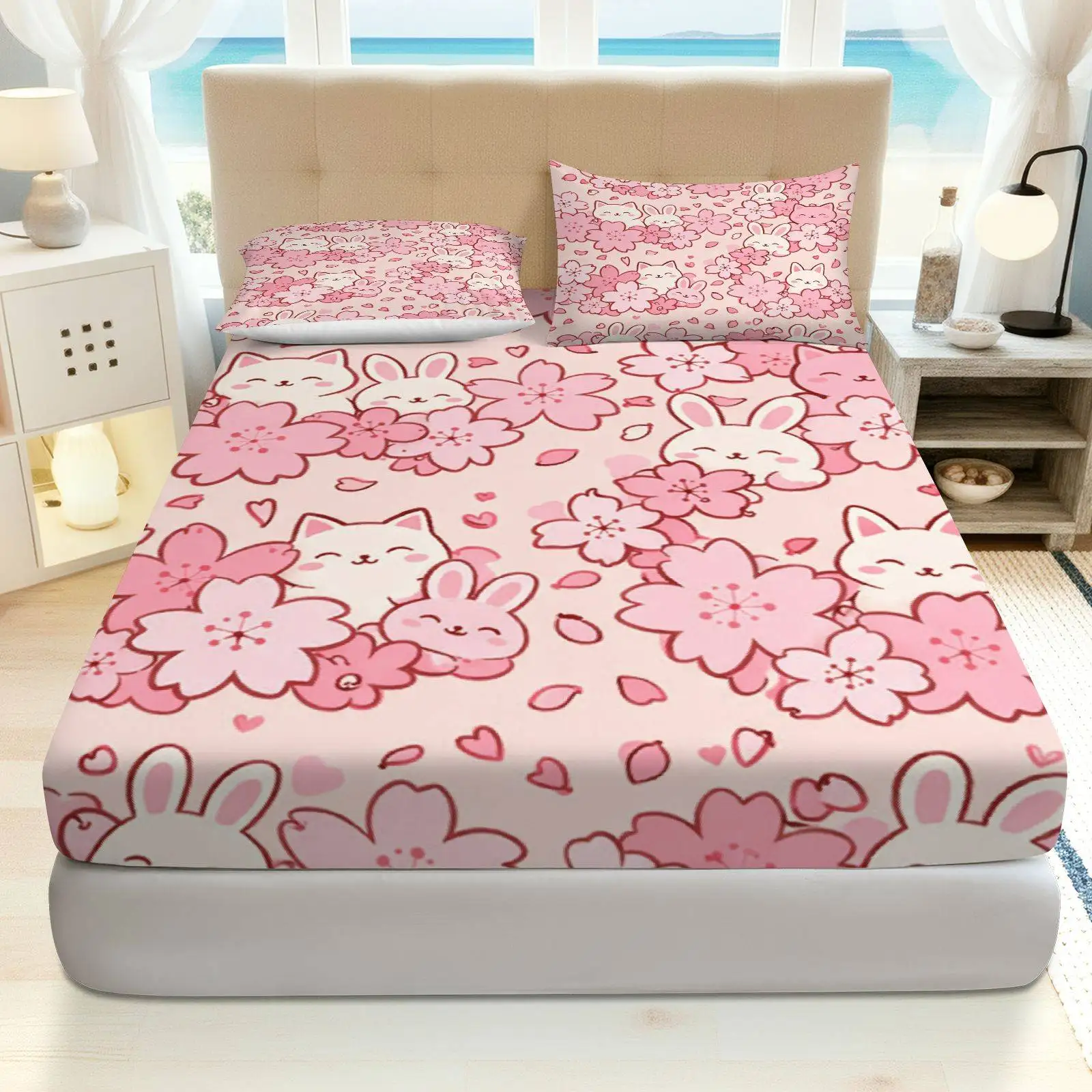 Sakura Rabbit Cat Bedding Set, Breathable Polyester Material (includes 1 fitted sheet + 2 pillowcases), Mattress Protector, Elastic-Fitted Style, Protective Cover, Mattress Cover, Christmas-Themed Bedding, Baby Bedding, Suitable for Nursery Room