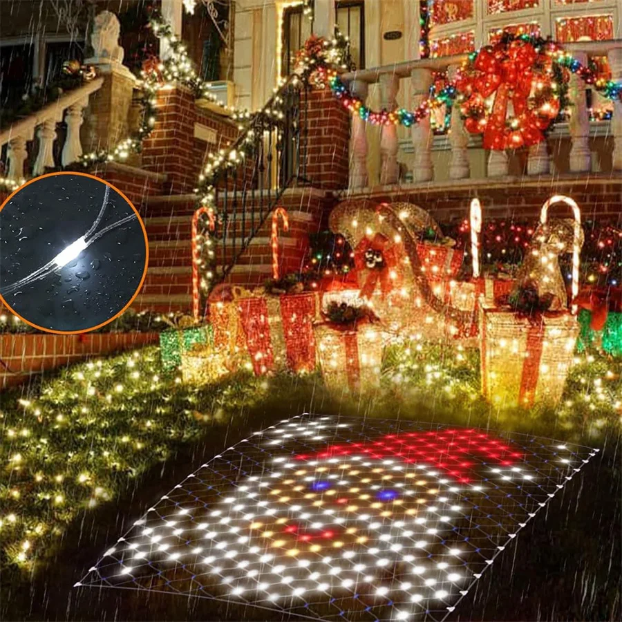 Snowman Santa Claus LED Net Light Outdoor Mesh Light 320LED Fairy Net Light Plug in Flag Net Light for Backyard Wall Decor