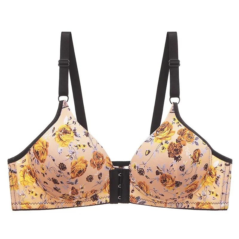 Soutiens-gorge push-up sexy pour femmes, fermeture à l'avant, imprimé floral, brassière sans fil, poitrine sans couture, sous-vêtements grande taille