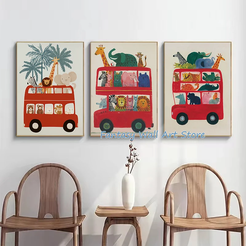 Animal Illustration Safari Animals on Red Bus Scene Childrens Nursery Traveling Poster Canvas Painting Wall Pictures Home Decor