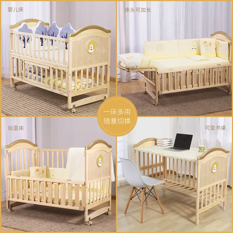 Crib Solid wood paint-free multifunctional cradle can be spliced newborn crib batch 5 in1 with  bed + mattress