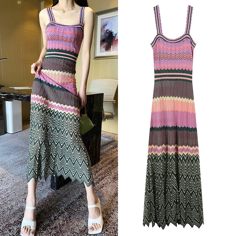 

Summer 2025 Women's Knitted Color Blo Gown Gentle Sle Svel Midi Dr Floral Print Asymmetrical Hemline Vibrant Colors
