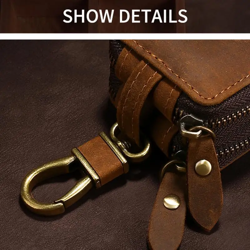 Car Key Pouch Retro Wear-Resistant Leather Car Fob Protector Small Portable Dual Zipper Key Pouch For Car Keys Smart Key Fob