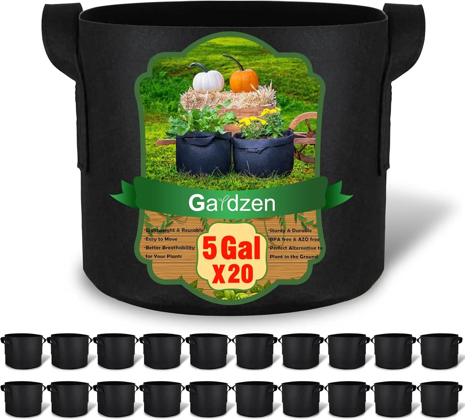 

20-Pack 5 Gallon Grow Bags, Aeration Fabric Pots with Handles, Heavy Duty Plant Bags for Plants