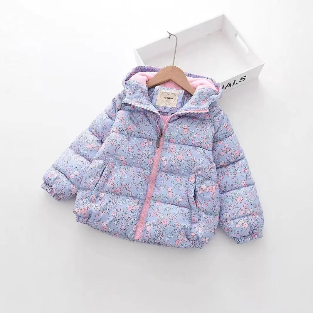 3-9 Y Girls Cotton Jacket Middle Small Children Winter Short Children's Female Treasure Print Flowers Cotton Clothing 100-150cm