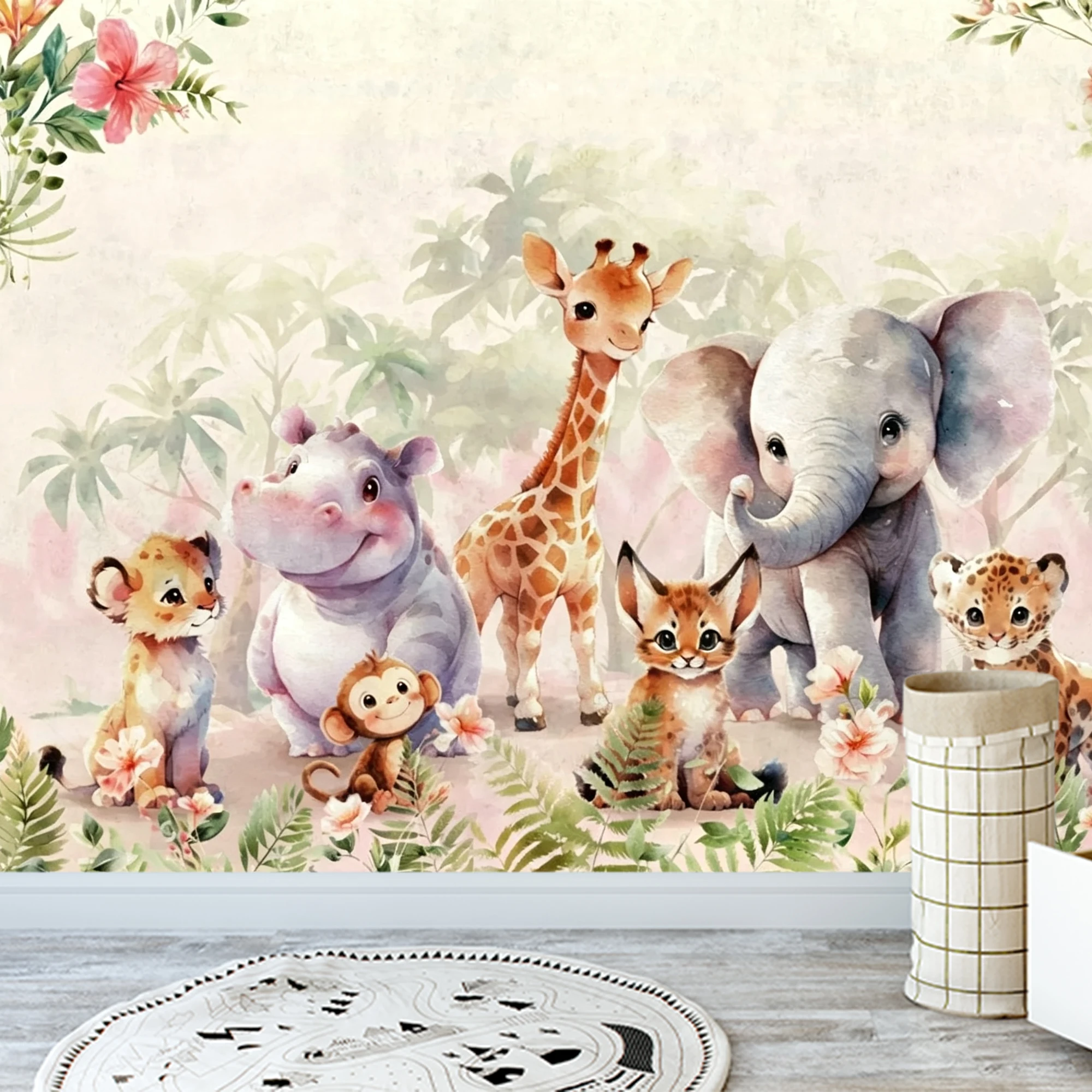Custom Mural Wallpaper Kids Safari Peel And Stick Wall Mural Elephant Giraffe Hippo Monkey Floral For Nursery Bedroom Home Decor