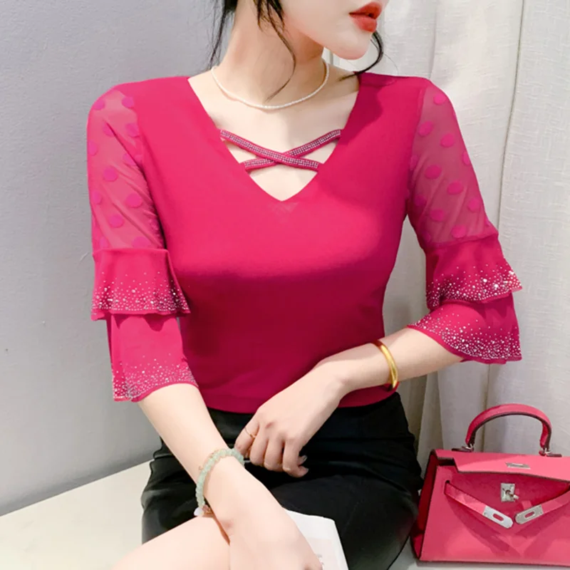 

Autumn New Three-Quarter Sleeve Women's T-Shirt Fashion Casual V-Neck Hot Diamond Mesh Tops M-3XL Clothes