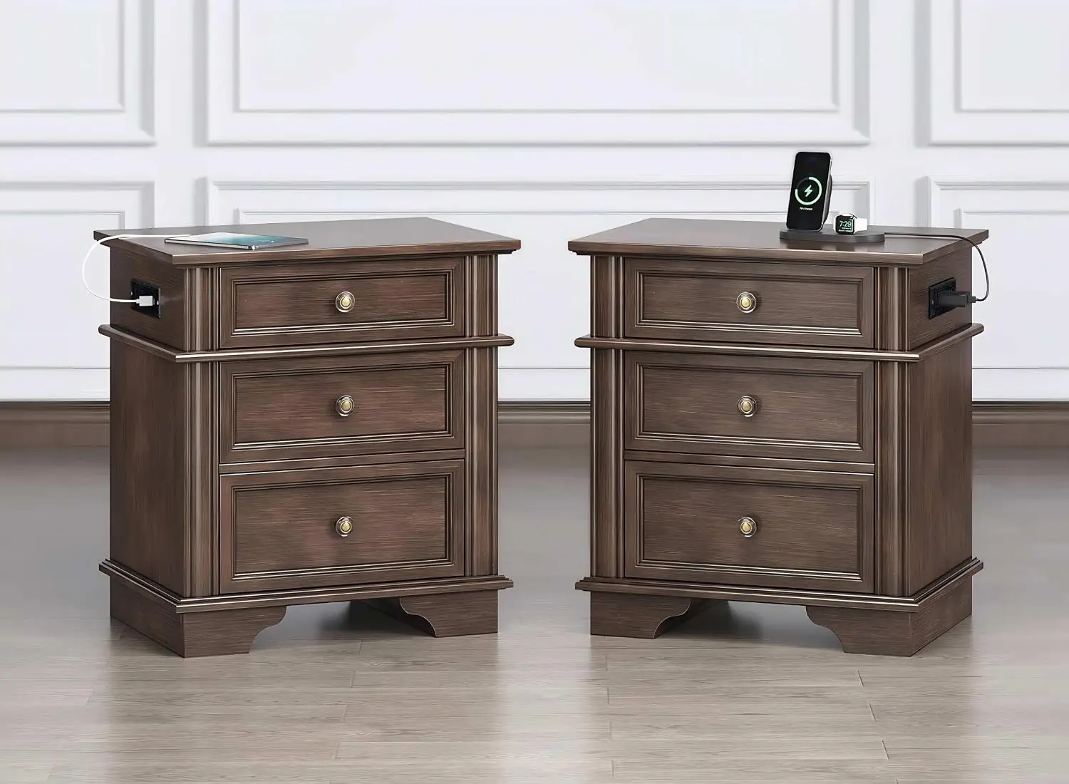 Brown Nightstand Set of 2 with Charger Station, Wood Textured 3 Drawer Large Bedroom Bedside Side Table, Customized