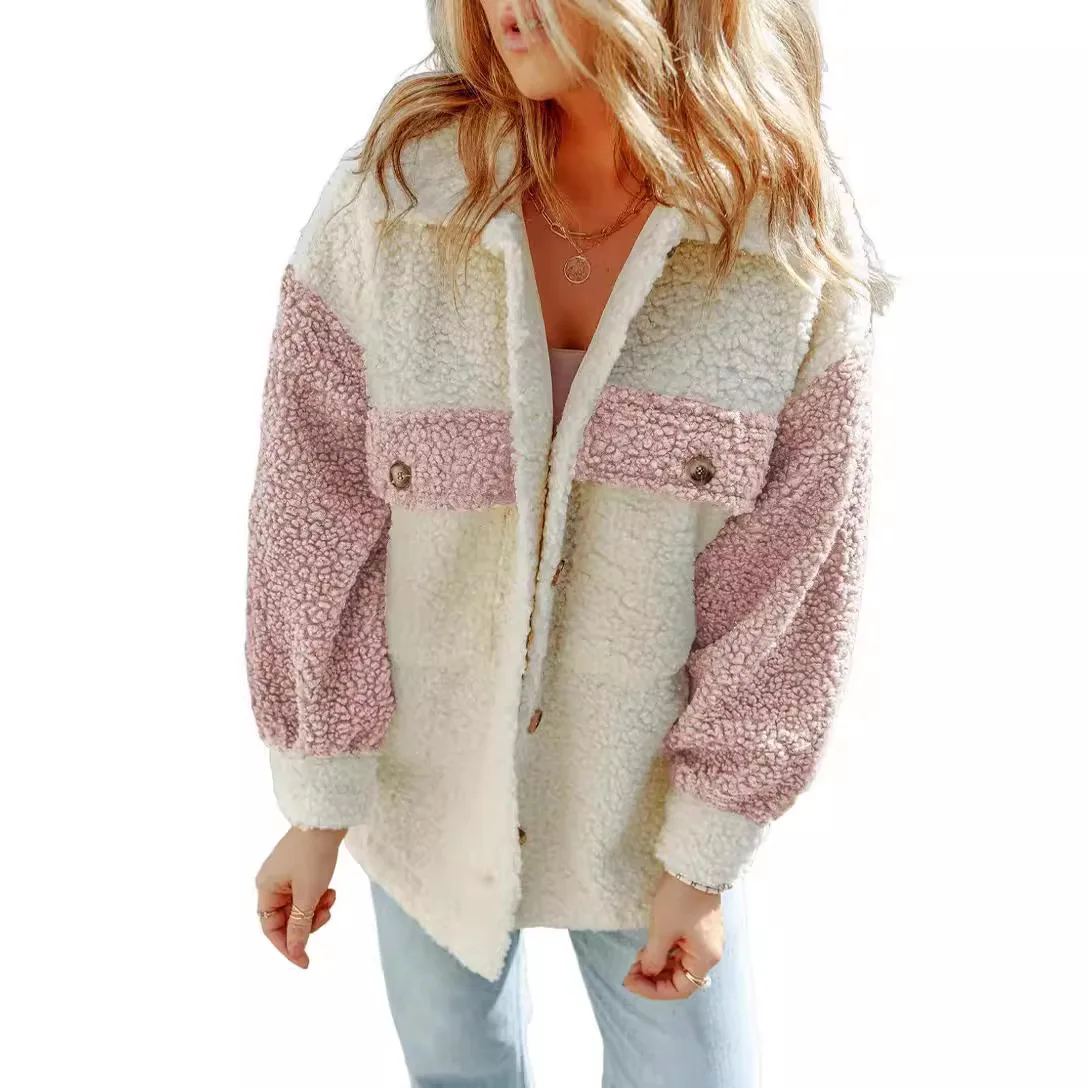 الخريف الشتاء عارضة الدافئة قمم المرأة معطف طويل الأكمام مزدوجة جيب اللون منعت فضفاض الفراء سترة معطف للنساء Capispalla