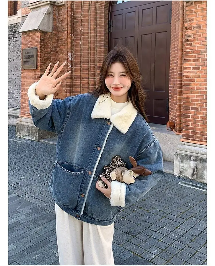 

Denim Coats For Woman Lapel Long Pink Sleeve Jackets Female Fur Plush Womens Fall O-Neck Padded Slim Preppy Style School Vintage